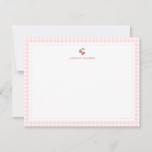 Cherries Pink Gingham Border Personalized Notitiekaartje (Voorkant)