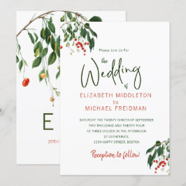 Cherries Red Green Modern Stylish Elegant Wedding Kaart