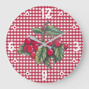 Cherries Red & White Gingham Kitchen Retro  Grote Klok
