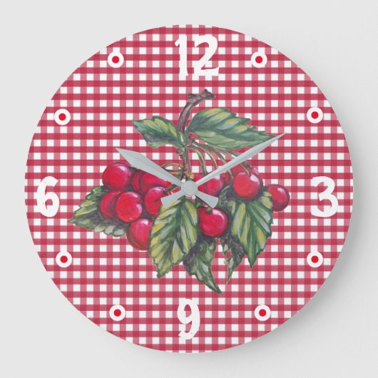 Cherries Red & White Gingham Kitchen Retro  Grote Klok (Voorkant)