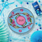 Cherries Roze vruchten op Turquoise met Initialen  Papieren Bordje (Feest)