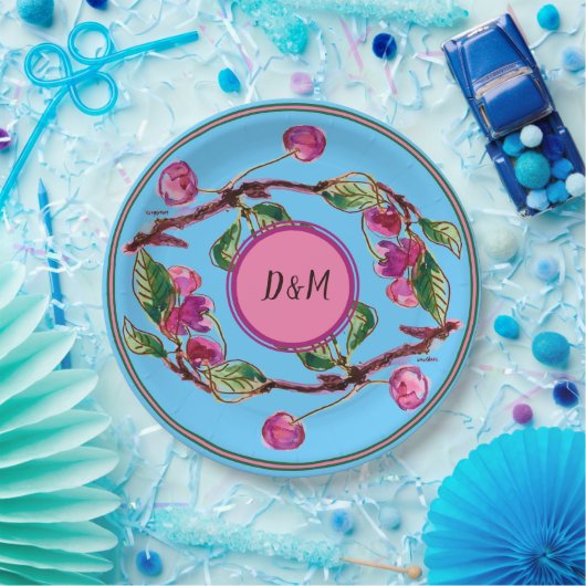 Cherries Roze vruchten op Turquoise met Initialen  Papieren Bordje (Feest)