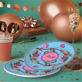 Cherries Roze vruchten op Turquoise met Initialen Papieren Bordje