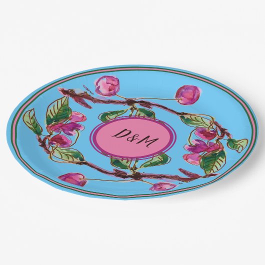 Cherries Roze vruchten op Turquoise met Initialen  Papieren Bordje (Gekanteld)