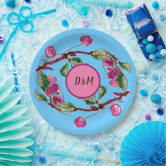 Cherries Roze vruchten op Turquoise met Initialen Papieren Bordje (Feest)