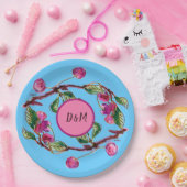 Cherries Roze vruchten op Turquoise met Initialen Papieren Bordje (Feest)