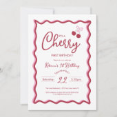Cherry 1st Birthday Pink Bow Coquette Uitnodiging (Voorkant)