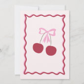 Cherry 1st Birthday Pink Bow Coquette Uitnodiging (Achterkant)