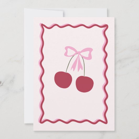 Cherry 1st Birthday Pink Bow Coquette Uitnodiging (Achterkant)
