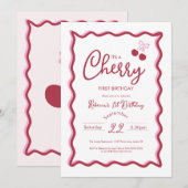 Cherry 1st Birthday Pink Bow Coquette Uitnodiging (Voorkant / Achterkant)
