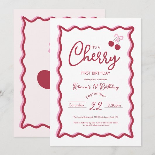 Cherry 1st Birthday Pink Bow Coquette Uitnodiging (Voorkant / Achterkant)