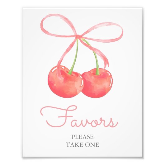 Cherry and Pink Ribbon Baby shower Favorieten Sign Foto Afdruk (Voorkant)