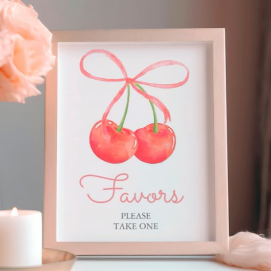Cherry and Pink Ribbon Baby shower Favorieten Sign Foto Afdruk