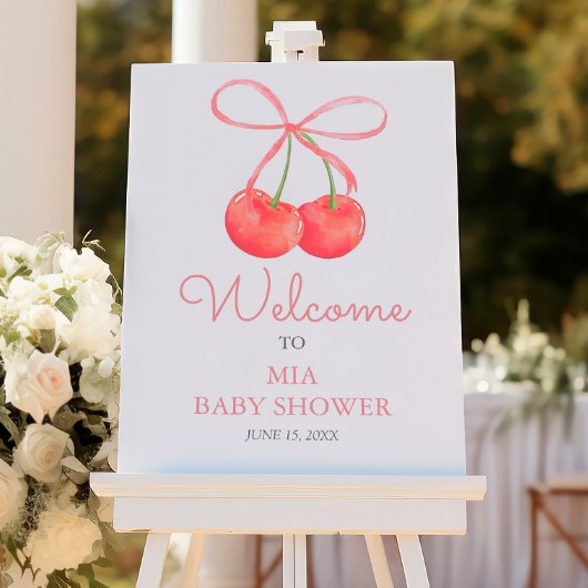 Cherry and Pink Ribbon Baby shower Welkomstbord Foto Afdruk
