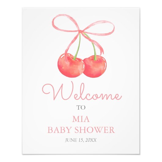 Cherry and Pink Ribbon Baby shower Welkomstbord Foto Afdruk (Voorkant)