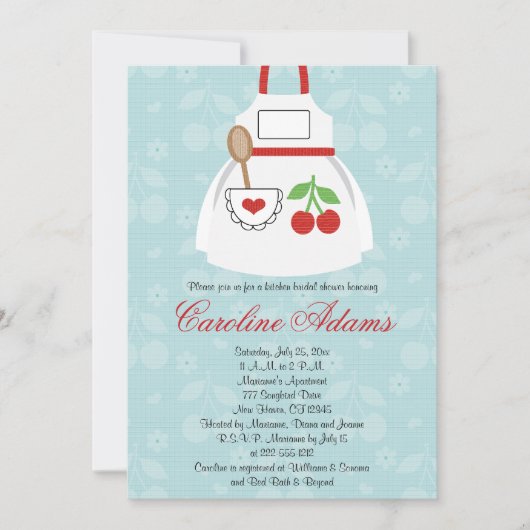 Cherry Apron Bridal Shower Invitation Red en Blue Kaart (Voorkant)