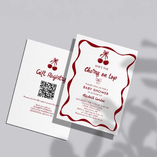 Cherry Baby Shower 2-sided QR Code Registry Sweet Kaart