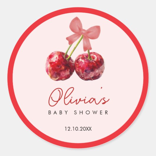 Cherry Baby Shower Favor Sticker with Pink Bow (Voorkant)