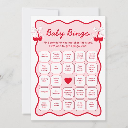 Cherry Baby Shower Find the Guest Bingo Game Card Kaart (Voorkant)