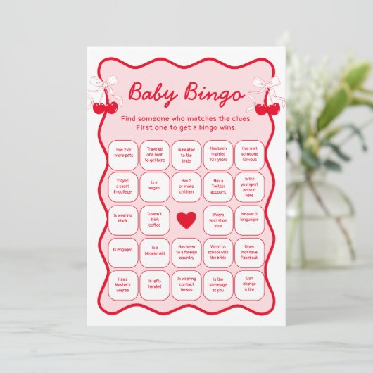 Cherry Baby Shower Find the Guest Bingo Game Card Kaart (Staand voorkant)