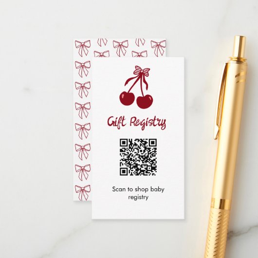 Cherry Baby Shower Gift Registry QR Code Sweet Bow Informatiekaartje (Voorkant / Achterkant in situ)