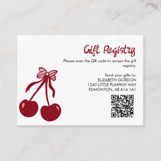 Cherry Baby Shower Gift Registry QR Code Sweet Bow Informatiekaartje (Voorkant)