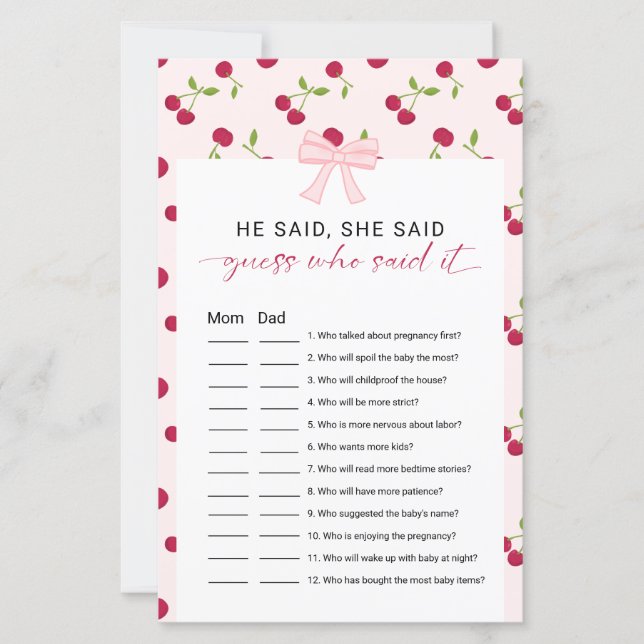 Cherry Baby Shower He Said She Said Game Pink Bow (Voorkant)