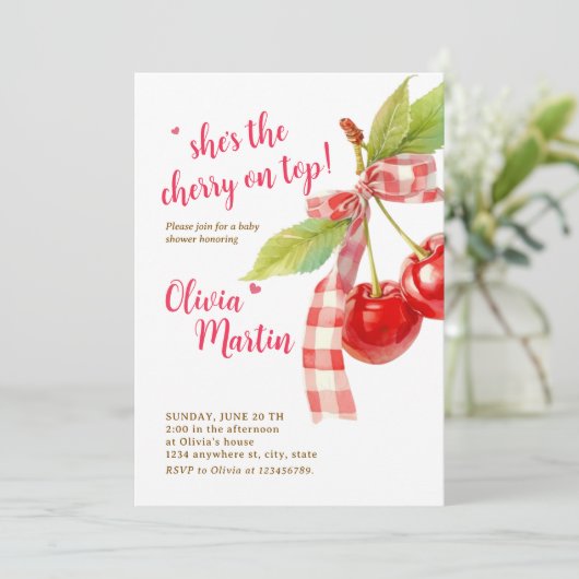 Cherry Baby Shower Invitation: Pink Bow, Berries Kaart (Staand voorkant)