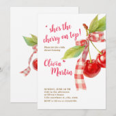 Cherry Baby Shower Invitation: Pink Bow, Berries Kaart (Voorkant / Achterkant)