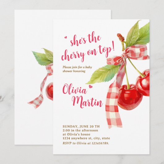 Cherry Baby Shower Invitation: Pink Bow, Berries Kaart (Voorkant / Achterkant)
