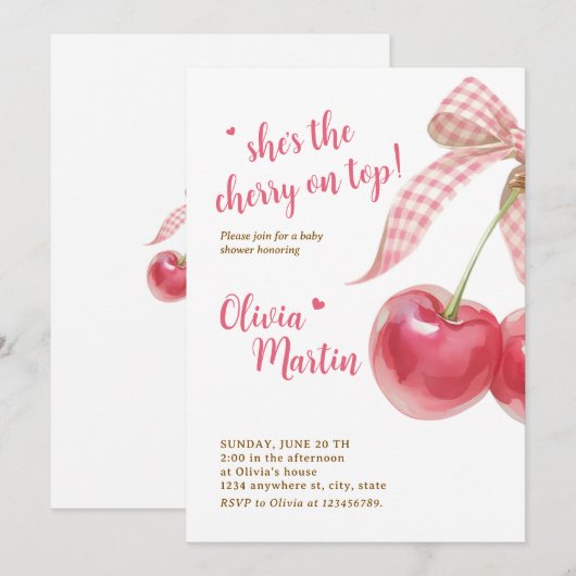 Cherry Baby Shower Invitation: Pink Bow, Berries Kaart (Voorkant / Achterkant)
