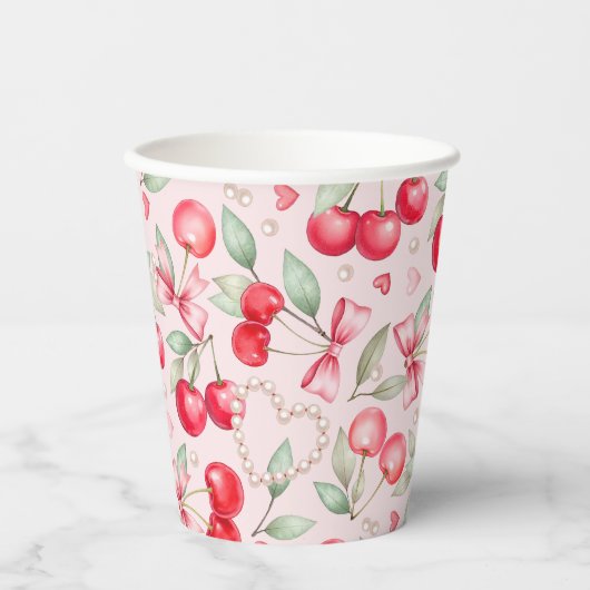 Cherry Baby shower Roze strik & Pearl Paper Cup Papieren Bekers (Voorkant)