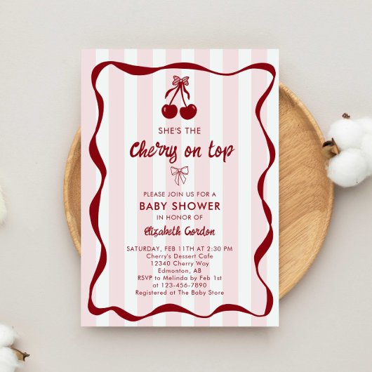Cherry Baby Shower Sweet Pink Stripes Cute Bow Kaart