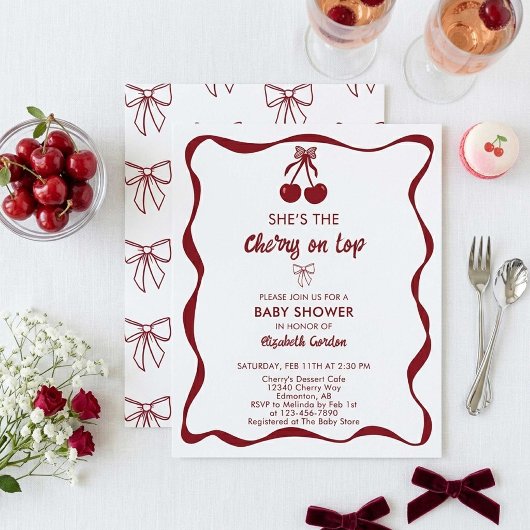 Cherry Baby Shower Sweet Pink Stripes Cute Bow Kaart