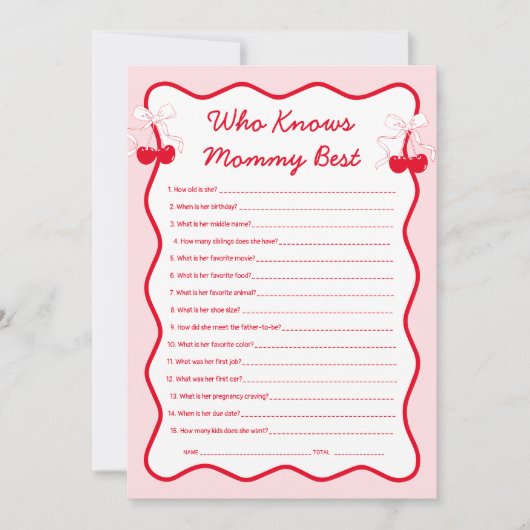 Cherry Baby Shower Who Knows Mommy Best Game Kaart (Voorkant)