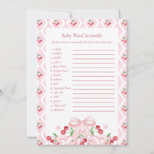Cherry Baby shower Word Scramble Game Kaart (Voorkant)