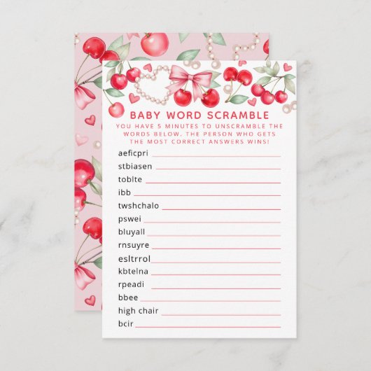 Cherry Baby shower Word Scramble spel Informatiekaartje (Voorkant / Achterkant)