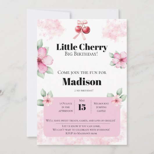 Cherry Birthday Invitation for Girls | Cute Fruit Kaart (Voorkant)