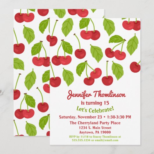 Cherry Birthday Invitation Summer Red Cherries Kaart (Voorkant / Achterkant)