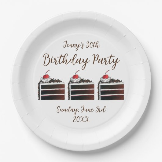 Cherry Black Forest Cake Slice Birthday Party Food Papieren Bordje (Voorkant)