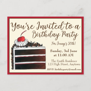Cherry Black Forest Cake Slice Birthday Party Food Uitnodiging Briefkaart