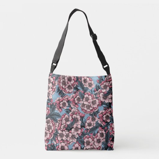Cherry bloesem in roze en blauw crossbody tas (Achterkant)