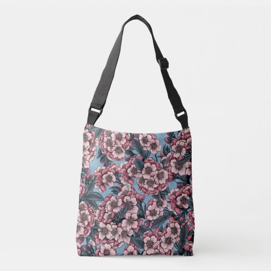 Cherry bloesem in roze en blauw crossbody tas (Voorkant)