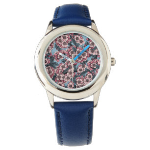 Cherry bloesem in roze en blauw horloge