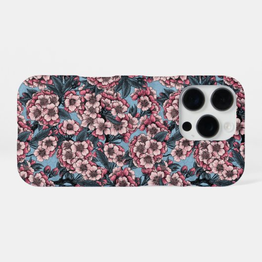 Cherry bloesem in roze en blauw iPhone hoesje (Achterkant horizontaal)