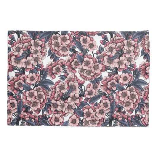 Cherry bloesem in roze en blauw kussensloop (Achterkant)
