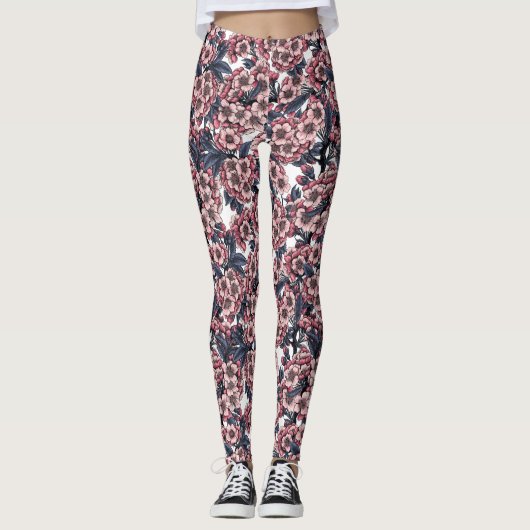 Cherry bloesem in roze en blauw leggings (Voorkant)