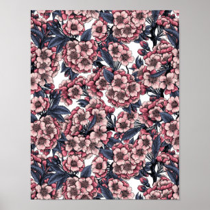 Cherry bloesem in roze en blauw poster