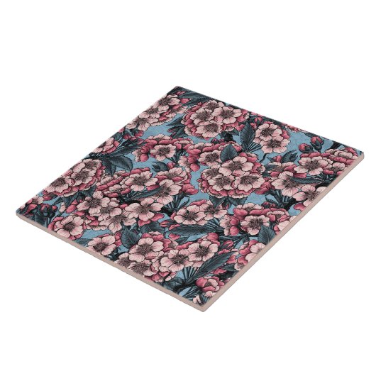 Cherry bloesem in roze en blauw tegeltje (Zijkant)