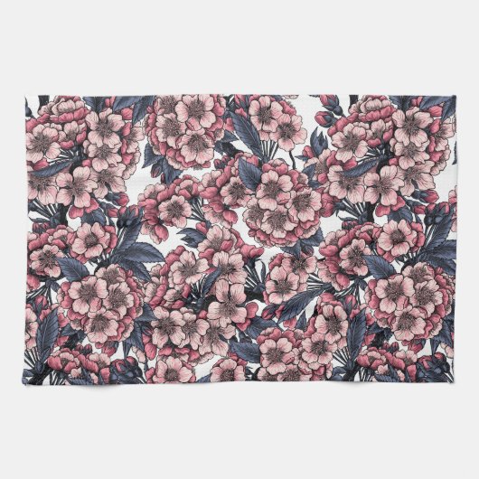 Cherry bloesem in roze en blauw theedoek (Horizontaal)